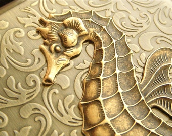 Big Brass Seahorse Cigarette Case Gothic VIctorian Steampunk Vintage Inspired Style Antiqued Gold Brass Tone Metal Large Art Nouveau