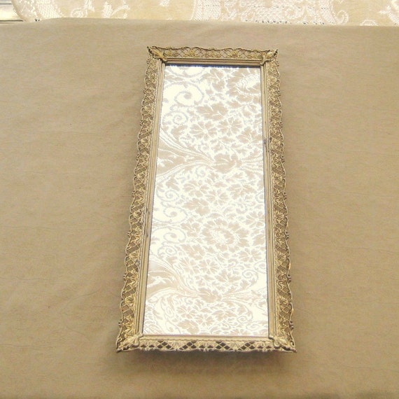 Mirrored Vanity Tray Gold Metal Filigree Long and Narrow