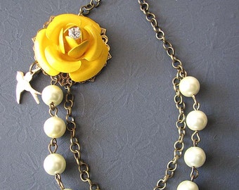 Bridesmaid Jewelry Flower Necklace Yellow Necklace Enamel Jewelry Charm Necklace Gift For Her Beaded Necklace