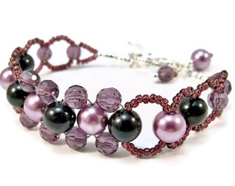 Purple Beaded Bracelet, Pearl Bracelet, Bead Weaving, Glass Pearls, Purple and Black Beads, Toggle Clasp Closure