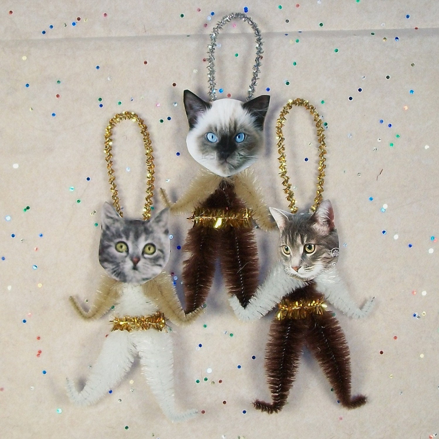 Chenille Cat Ornaments Siamese and Tabby CATS Handmade