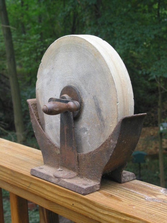 antique table top hand crank wet grinding stone knife blade