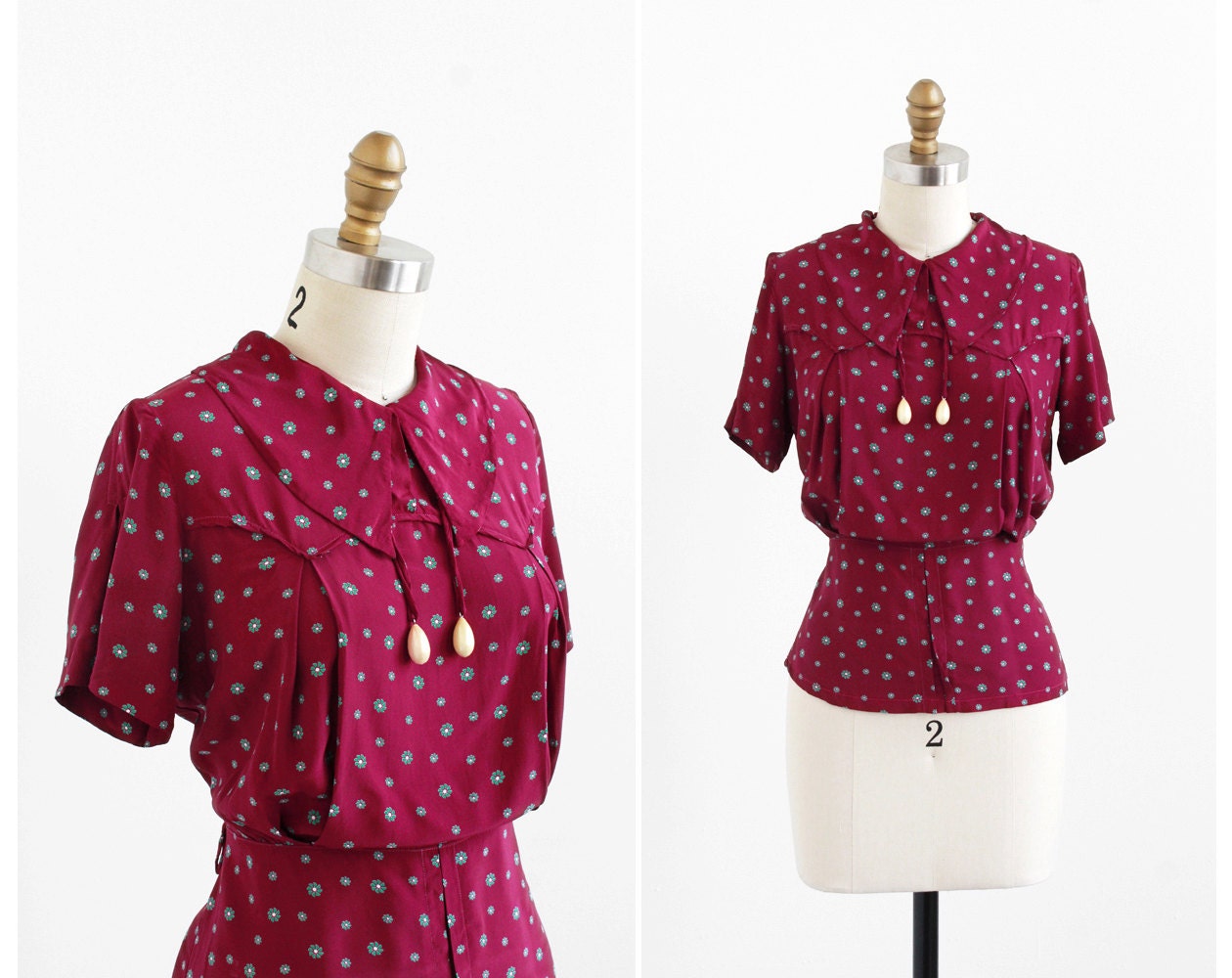 vintage 1930s blouse / 30s blouse / Burgundy Floral Blouse