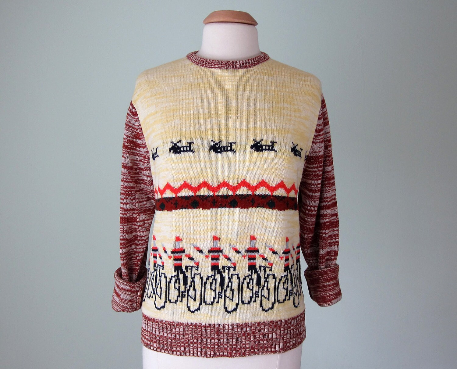 70s sweater / novelty print bicycle spacedyed knit top m l