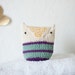 Crocheted Owl Baby Toy for Baby Boys and Baby Girls - Natural White Violet Lilac Purple Mint Stripes Cotton - OOAK - Summer Snow Owl