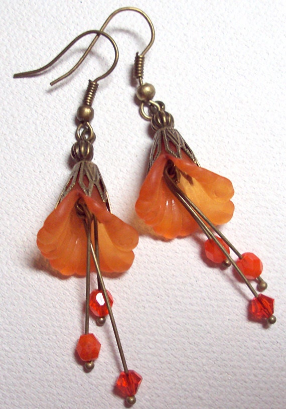 Jewelry Earrings Orange Tangerine Antique Brass Lucite Flower