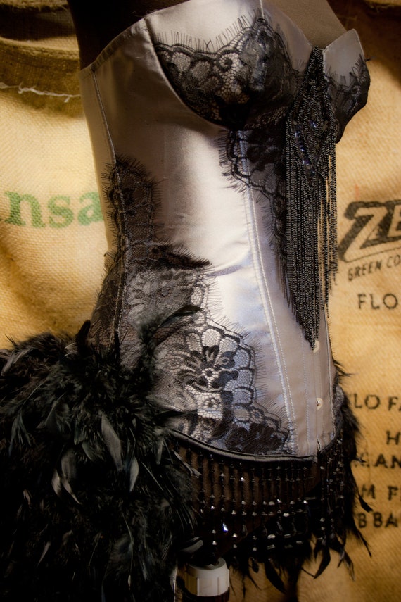 MISTRAL Black Grey Burlesque Corset Feather Costume Steampunk