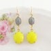 Vintage Lemon Yellow Oval Jewel Gray Moonstone Dangle Glamour Earrings - Wedding, Bridal, Bridesmaid, Color Block