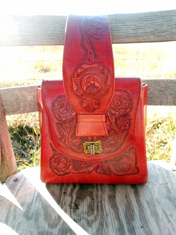 Vintage Tooled leather Purse Small Red Leather Unusual Shape