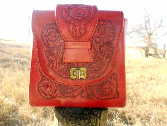 red tooled leather purse