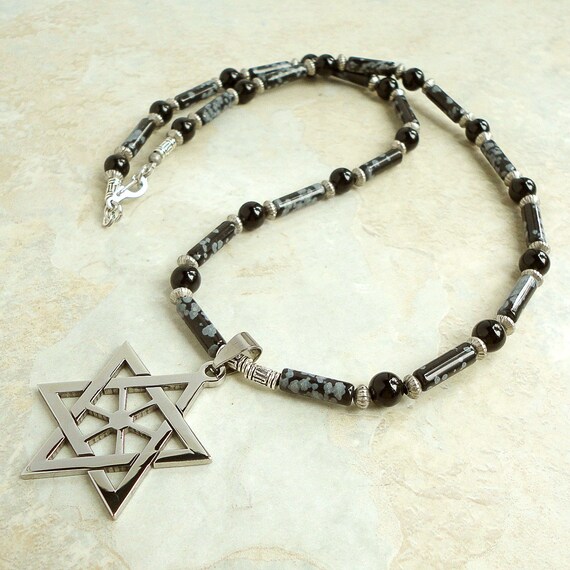 Mens Necklace Black Stone and Star of David Pendant Necklace