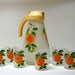 Vintage 1950s Hazel Atlas Frosted Juice Pitcher Jar and Glasses Set Fruit Oranges Hand Painted Satin Glass
