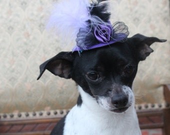 Cute purple color mini hat with feather and flowers for dog or cat