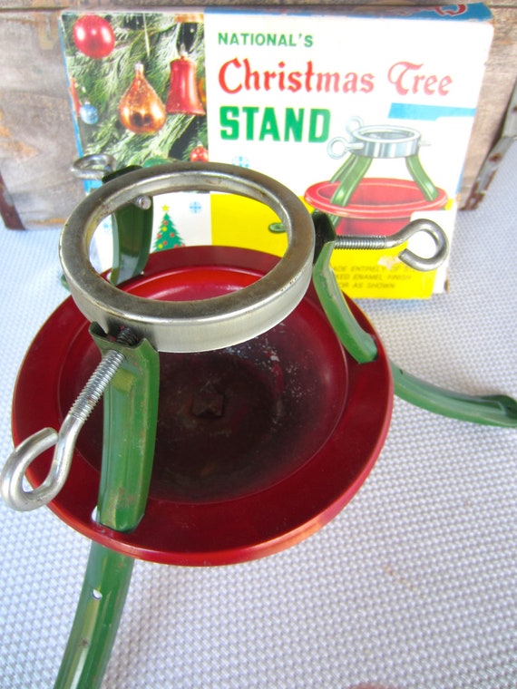 Vintage Christmas Tree Stand Steel Metal Red Green in Box