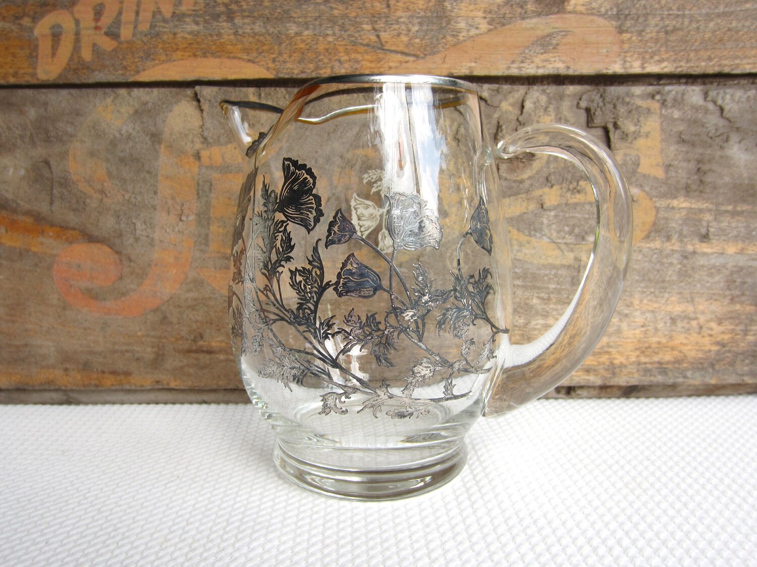 Vintage Glass Pitcher with Silver Overlay Poppy Flowers