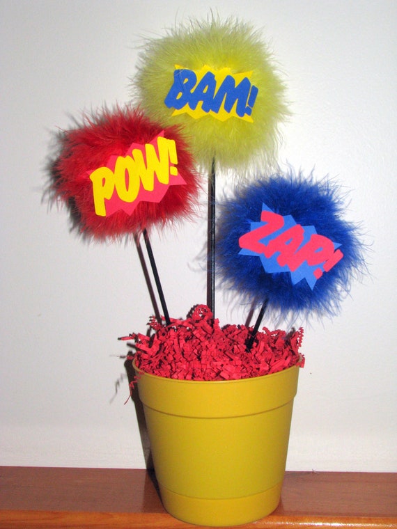 shower superhero for decorations baby POW centerpiece explosion BAM Superhero ZAP feather marabou