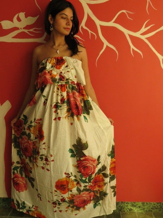 White Floral Summer Dress Long Maxi Strapless Dress Perfect as
