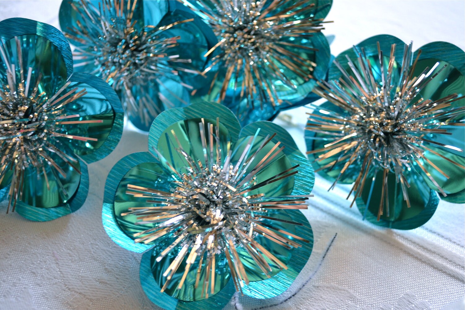 Vintage Christmas Ornaments Turquoise Foil Reflector Tie Ons