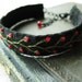 Embroidered Bracelet Green Vines and Red Flowers on Black Linen