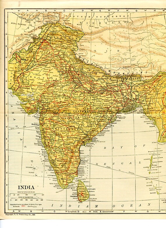 Antique Map Colonial Pre-Partition India 1928 Encyclopedia