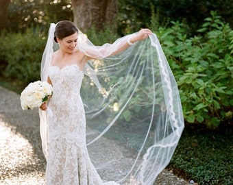 Eye Lash Lace Trim Edge Cathedral Veil | Lace Wedding Veil | Lace Bridal Veil | Cathedral Wedding Veil | Long Wedding Veil | VG1005