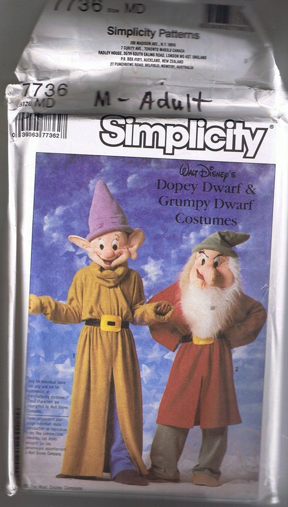 Grumpy And Dopey Dwarf Halloween Costume Sewing Pattern Adult 