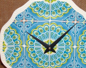 SILENT Turquoise and Lime Whimsical Print Wall Clock, Ceramic Plate Clock, Kitchen Clock, Unique Wall Decor, Housewarming Gift - 1871