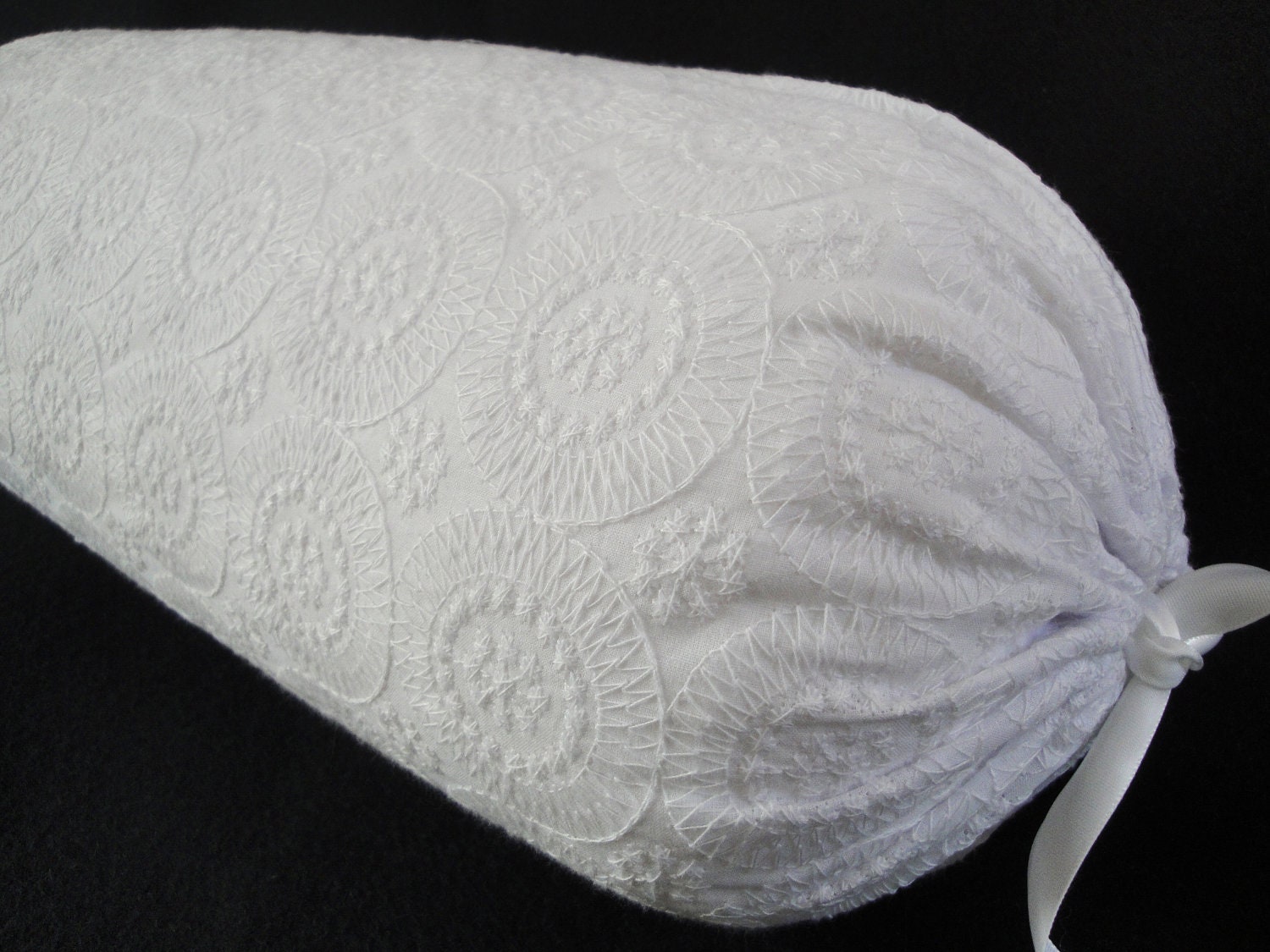 White neck roll bolster pillow cover eyelet circles