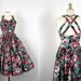 1980s Dress - Vintage 80s Does 50s Black Red Roses Cotton Circle Skirt Princess Sundress S - Victoria Island