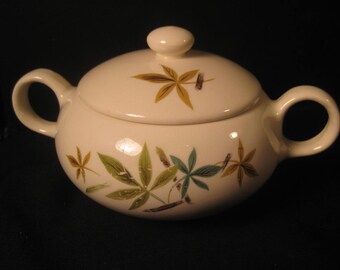 Retro Mid Century Woodhue Sugar Bowl with lid, by Salem, greens, gold, brown, black, 1950s 1960s midcentury china, TheRetroLife