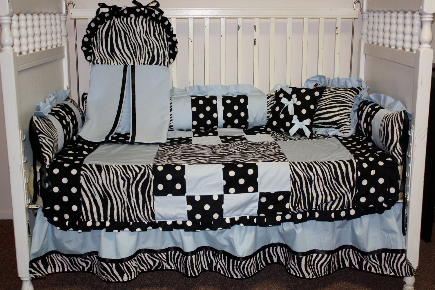 5 pc Baby blue zebra dot Baby bedding set by bedbugscreations