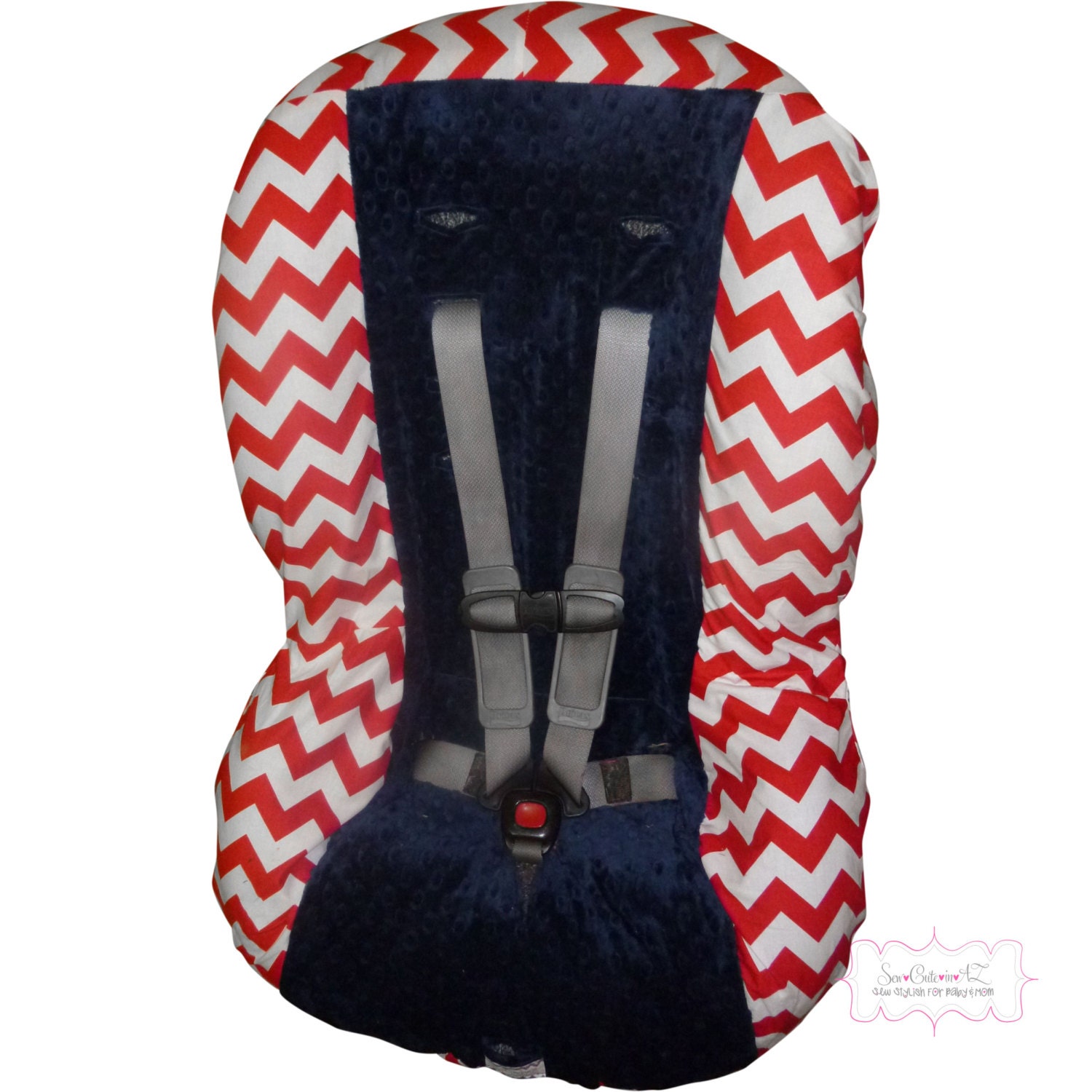 Toddler Car Seat Cover Red Chevron with Navy