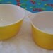 2 vintage Pyrex yellow bowls, dish, serving, Pyrex, bowl, yellow, kitchen, mixing, glass, oven proof