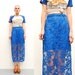 80s Blue Lace Skirt - UNIQUE Floral Sheer Lace Skirt - High Waisted Midi Skirt - 1980s Bold Cobalt Blue Mini Skirt - S M 6 8 10