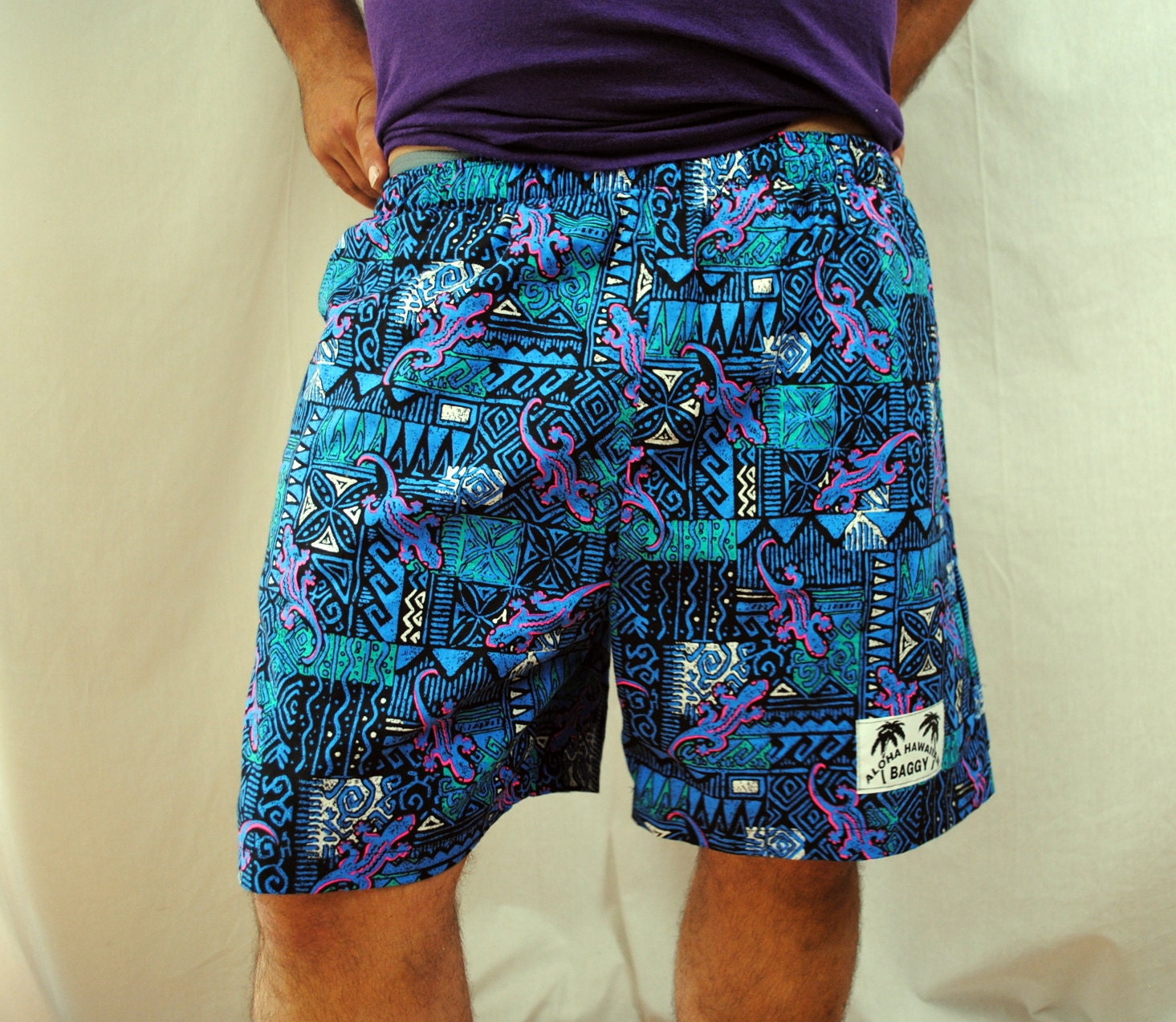 Vintage 80s Neon Rainbow Aloha Hawaiian Baggy Jams Shorts