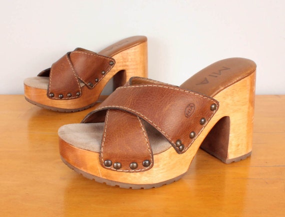 Items similar to 90s Platform Sandals / Brown Leather Wooden Sole Clogs ...