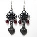 Gothic heart earrings, Chainmaille rosettes weave, Red and black