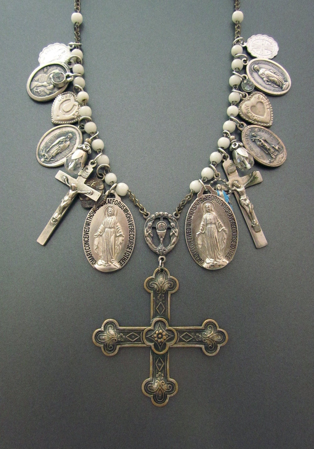 Statement Necklace Religious Medal Charms and Crosses