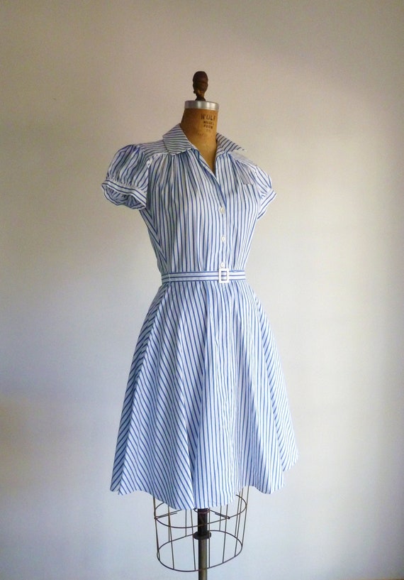 Vintage Shirtdress Blue White Pinstripe Full Skirt Dress Ralph