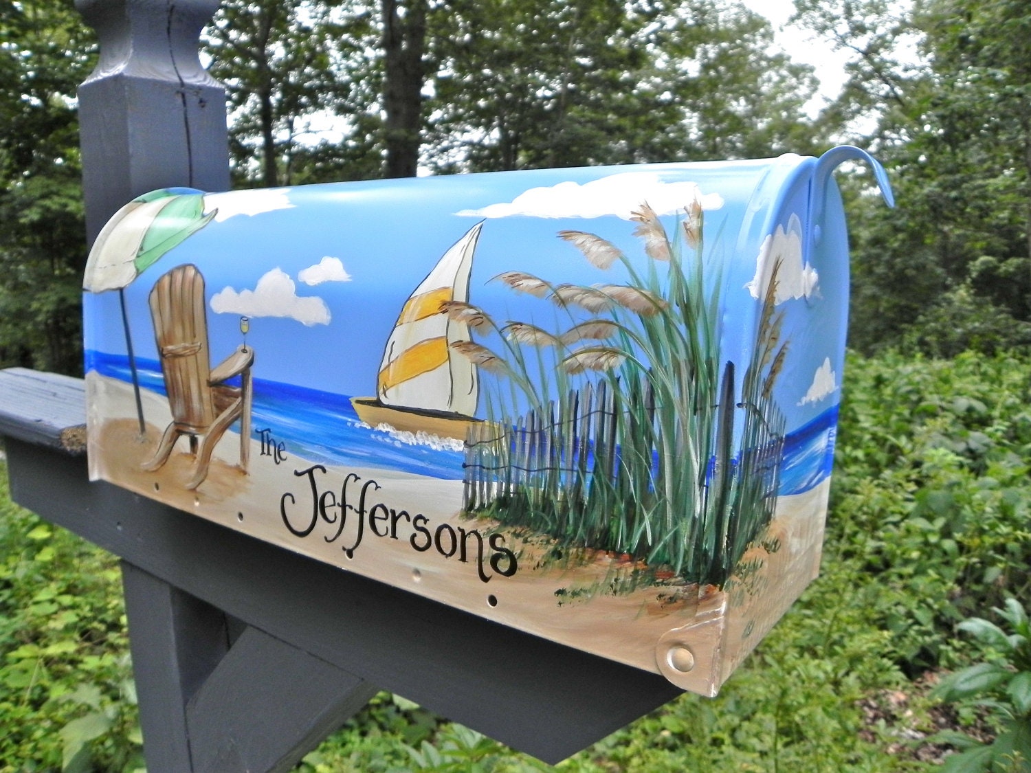 Hand Painted Mailbox NANTUCKET BEACH Umbrella Sailboat