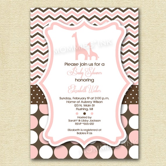 Mod Chevron Dotty Giraffe Baby Shower Invitation - PInk and Brown - PRINTABLE INVITATION DESIGN Il_570xn