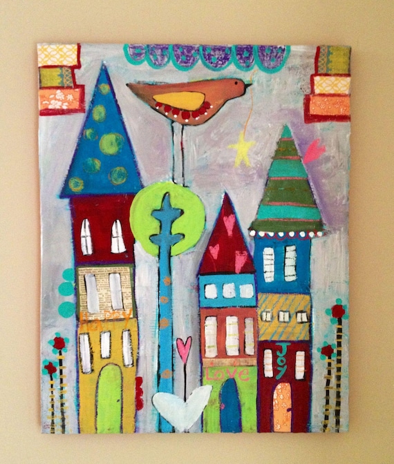 Items similar to Whimsical house painting 16 x 20 canvas, love joy ...