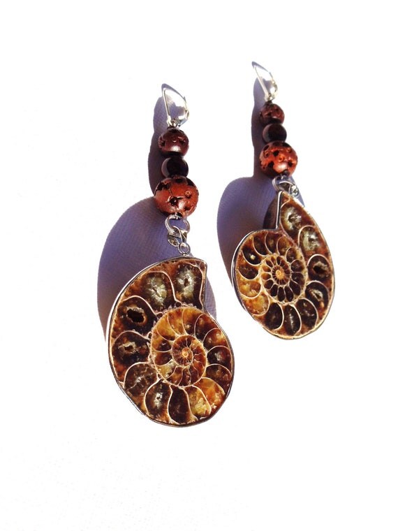 Ammonite Tiger Eye Long Dangle Earrings One of A Kind