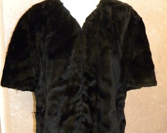 Vintage Black Faux Fur Stole - 1960s Black Vegan Fur Capelet Cape Stole