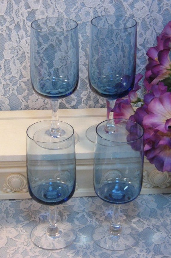 Fostoria Glass Blue Glamour Tulip Stemmed Wine Glass Set of