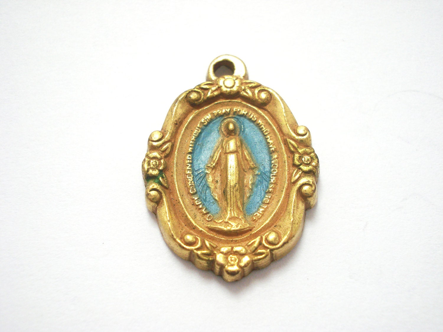 Antique Catholic Gold Miraculous Medal Blue Enamel Ornate