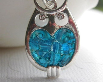 Stained Glass Owl Charm Necklace, Blue Owl Necklace, Blue Bird Jewelry