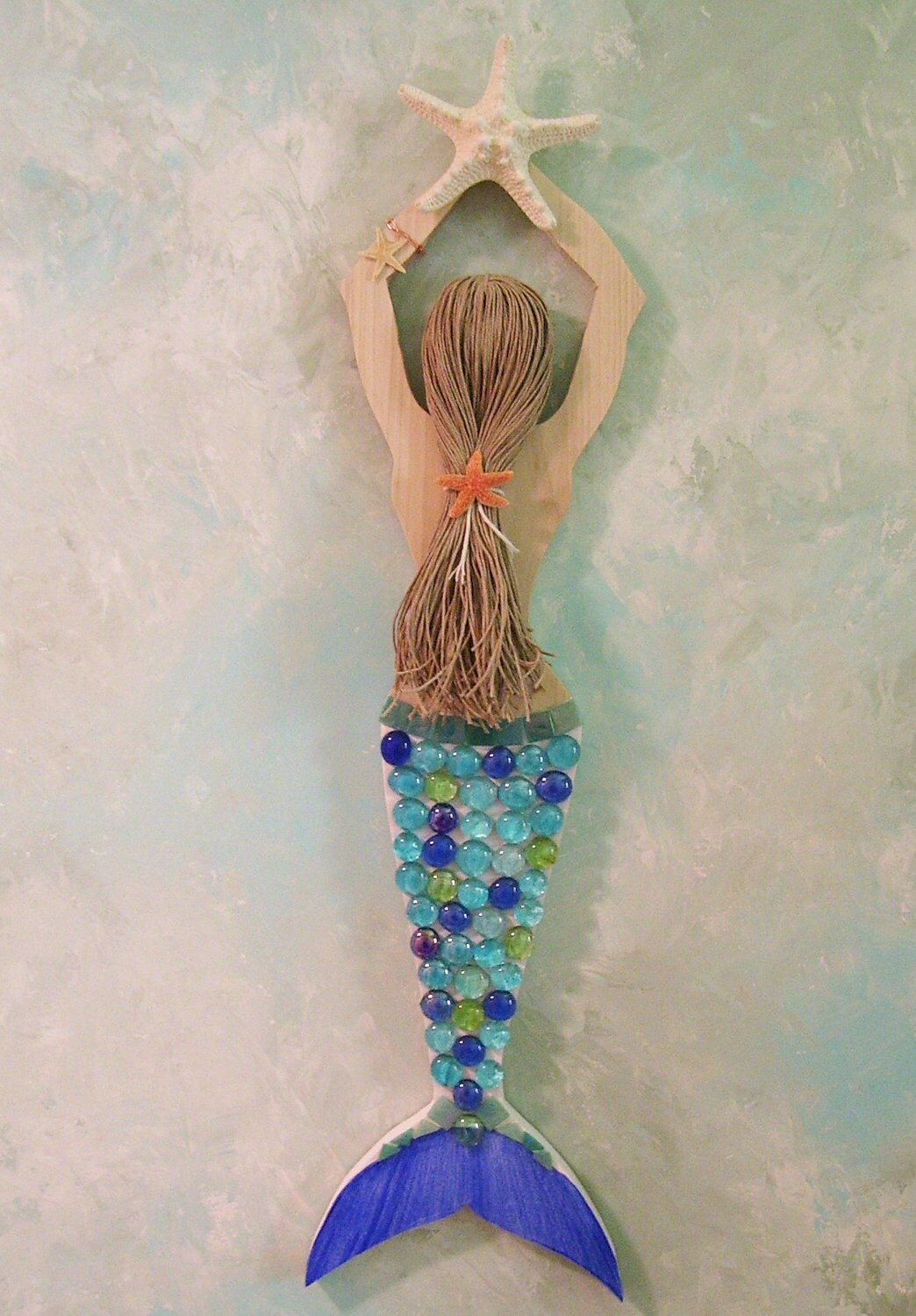 Mermaid Carved from Reclaimed Wood Hand Decorated and Painted