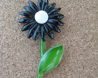 Sweet little vintage black enamel flower pin brooch with white center green stem