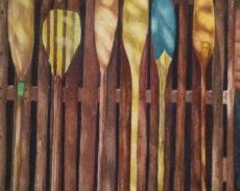 Watercolor of vintage canoe paddles standing up on a fence 